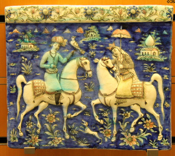 Iranian ceramic plaque with man & woman riders (18th-19thC) at Beaux-Arts Museum. Lyon, France.