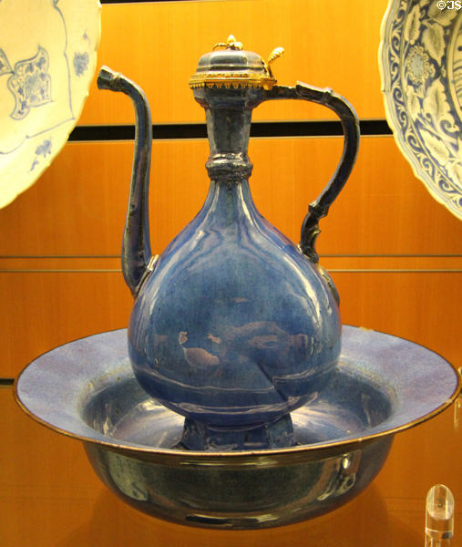 Iranian ceramic blue-glazed pitcher & basin (17thC) at Beaux-Arts Museum. Lyon, France.