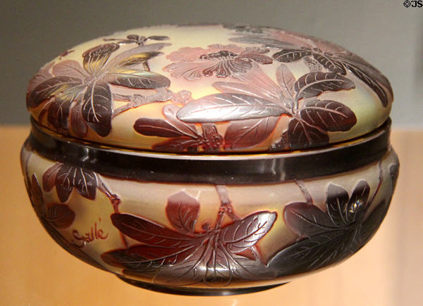 Glass covered candy dish decorated with leaves (after 1918) by Émile Gallé at Beaux-Arts Museum. Lyon, France.