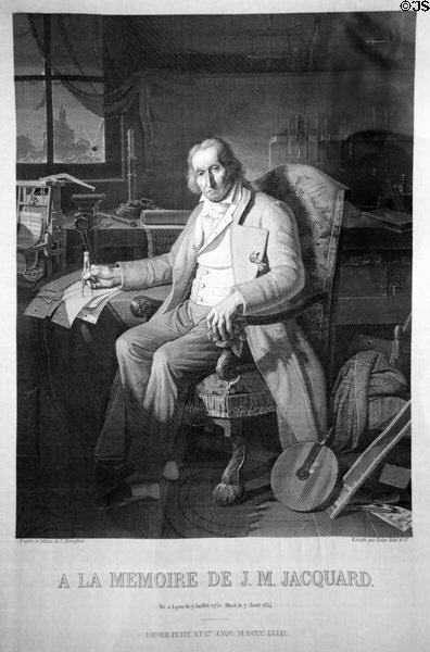 Graphic (1839) portrait of J.M. Jacquard (1752-1834) inventor of first programmable loom at Musées des Tissus. Lyon, France.