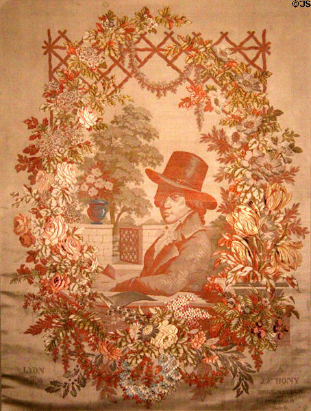 Woven silk portrait of Jean-François Bony fabric designer (1855) by Jules Reybaud displayed at l'Exposition universelle de Paris of 1855 at Musées des Tissus. Lyon, France.
