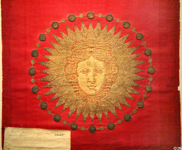 Louis XVIII ancient shield design for throne room of Tuileries palace woven silk hanging (1821) by Jean-Démosthène Dugourc at Musées des Tissus. Lyon, France.