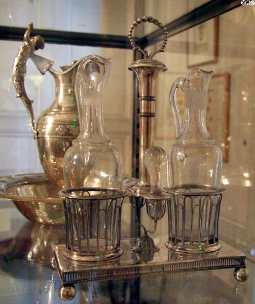 Oil & vinegar set in silver & glass (c1819-38) by Françoise-Cécil Soccard of Lyon at Musées des Arts Décoratifs. Lyon, France.