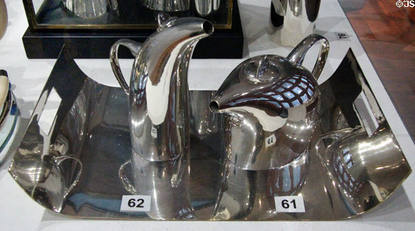 Silver tea & coffee pots plus tray (2001) by Aldo Cibic of Italy at Musées des Arts Décoratifs. Lyon, France.