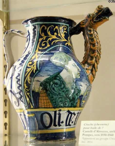 Ceramic jug for oil (1550-60) from Italy at Musées des Arts Décoratifs. Lyon, France.