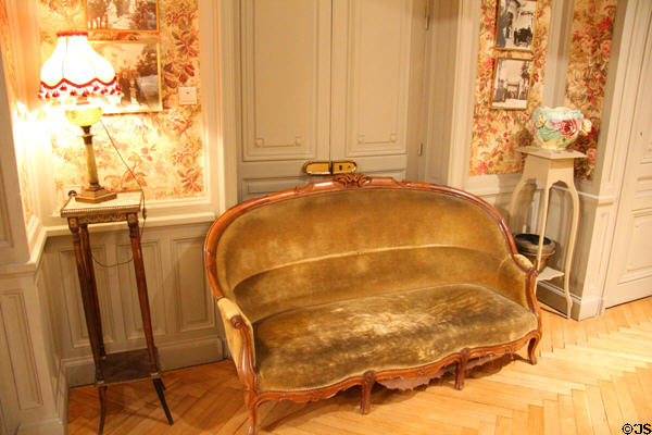 Sofa in upstairs master bedroom at Lumière Museum. Lyon, France.