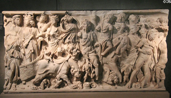Triumph of Bacchus marble sarcophagus (3rdC) at Gallo Roman Museum. Lyon, France.