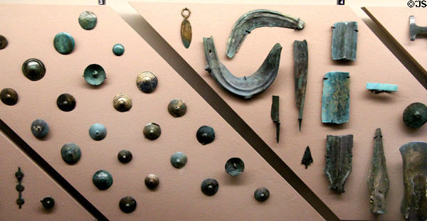 Metal objects from final bronze age (1050-950 BCE) cache near Lyon at Gallo Roman Museum. Lyon, France.