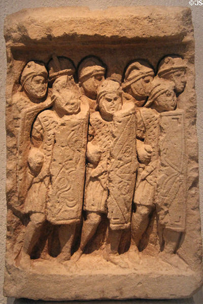 Low relief sculpture of Roman Legionaries from Glanum at Gallo Roman Museum. Lyon, France.