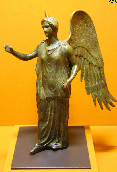 Roman bronze statuette of winged victory (1stC) at Gallo Roman Museum. Lyon, France.