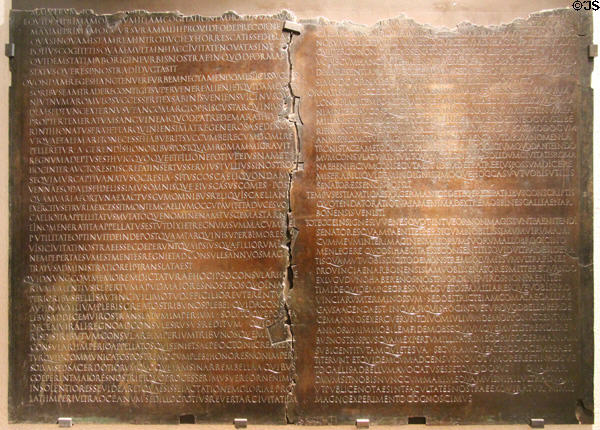 Bronze tablet (c48 CE) with speech by Roman emperor Claudius in which some Gauls become Roman citizens & eligible to sit in Senate in Rome at Gallo Roman Museum. Lyon, France.