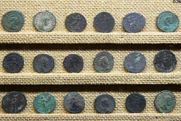 Roman coins produced by Lugdunum (Lyon) mint (up to 4thC) at Gallo Roman Museum. Lyon, France.