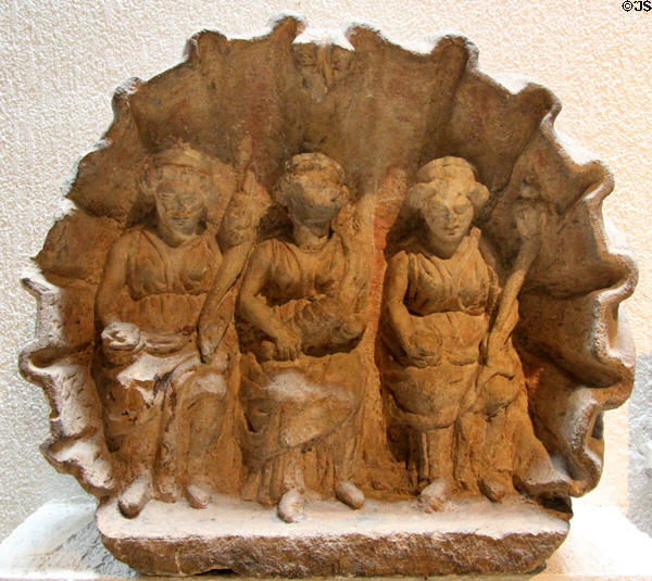 Three Roman matres (mother) goddesses in recessed shell at Gallo Roman Museum. Lyon, France.