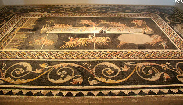 Roman floor mosaic of chariot racing in circus at Gallo Roman Museum. Lyon, France.