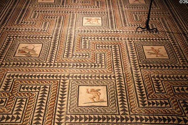 Roman floor mosaic with cupids wrestling & hunting (150-200) at Gallo Roman Museum. Lyon, France.