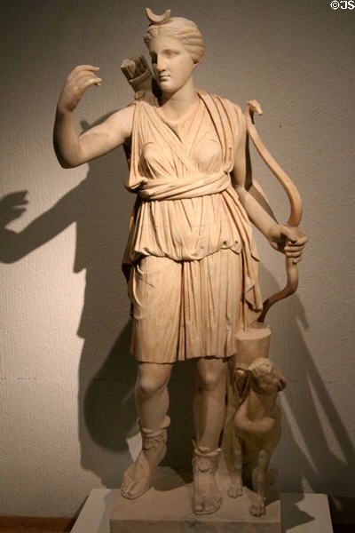 Roman statue of Diana, goddess of the hunt (2nd-3rdC) with ancient head & torso at Gallo Roman Museum. Lyon, France.