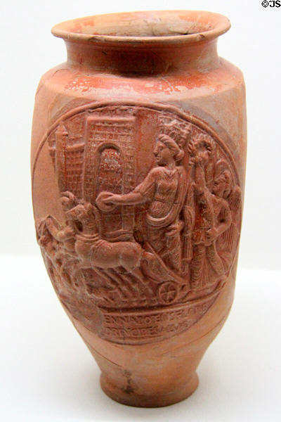 Terra cotta vase with scene of triumph of town of Vienne (2ndC) at Gallo Roman Museum. Lyon, France.