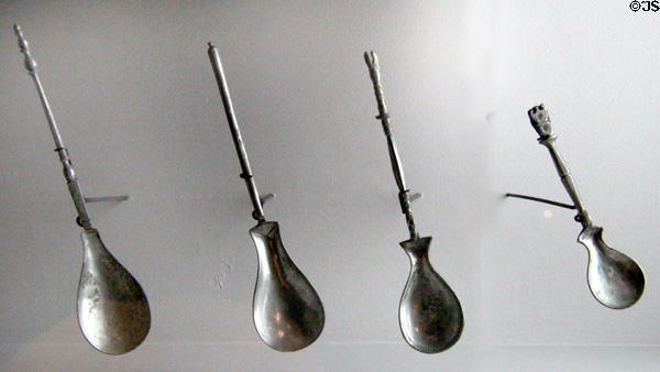 Roman silver spoons from Vaise treasure horde (end 3rdC) at Gallo Roman Museum. Lyon, France.
