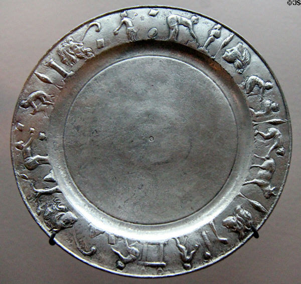 Roman silver platter with country scenes on rim from Vaise treasure horde (end 3rdC) at Gallo Roman Museum. Lyon, France.