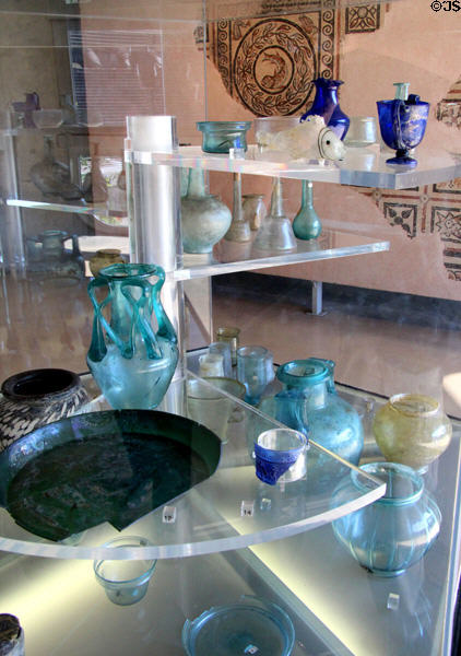 Collection of Roman glass (1st-4thC) at Gallo Roman Museum. Lyon, France.