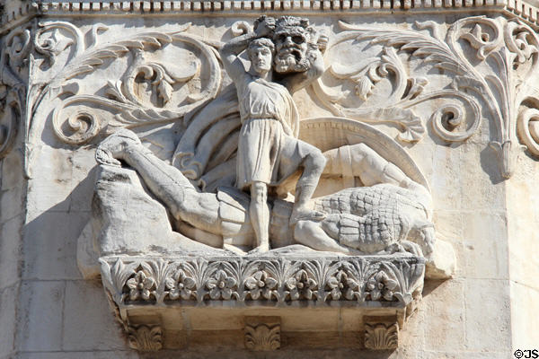 Carved David slaying Goliath on facade of Basilique Notre-Dame de Fourvière. Lyon, France.
