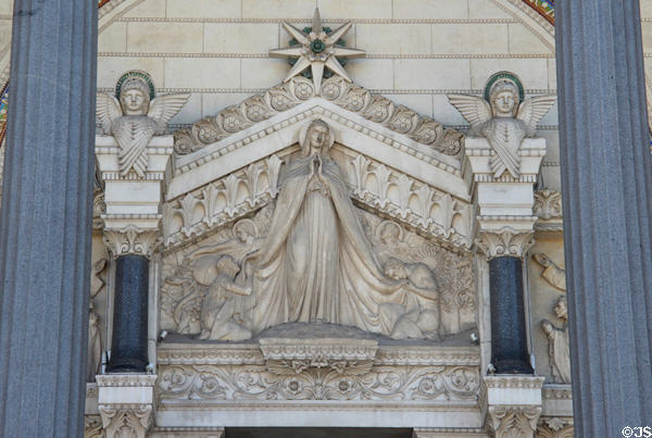 Virgin Mary on facade of Basilique Notre-Dame de Fourvière. Lyon, France.