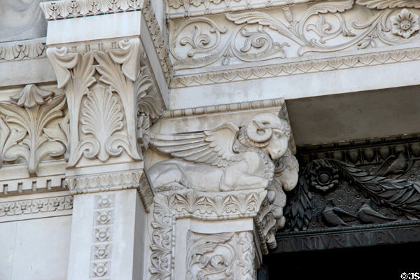 Entrance capital in shape of winged ram at Basilique Notre-Dame de Fourvière. Lyon, France.