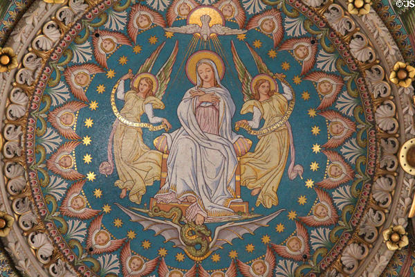 Ceiling mosaic of Virgin with angels at Basilique Notre-Dame de Fourvière. Lyon, France.