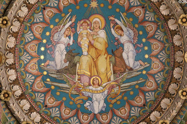 Ceiling mosaic of Virgin with baby Jesus at Basilique Notre-Dame de Fourvière. Lyon, France.