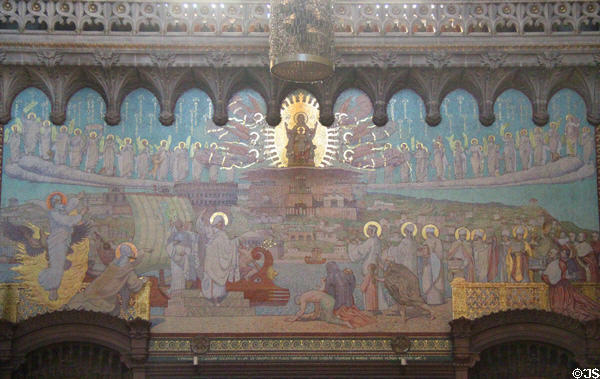 Mosaic of St Pothin arriving in Lyon in 177 to spread faith at Basilique Notre-Dame de Fourvière. Lyon, France.