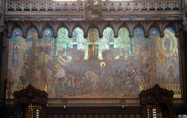 Mosaic of Joan of Arc's Triumphant Arrival in Orleans & other events in her life at Basilique Notre-Dame de Fourvière. Lyon, France.