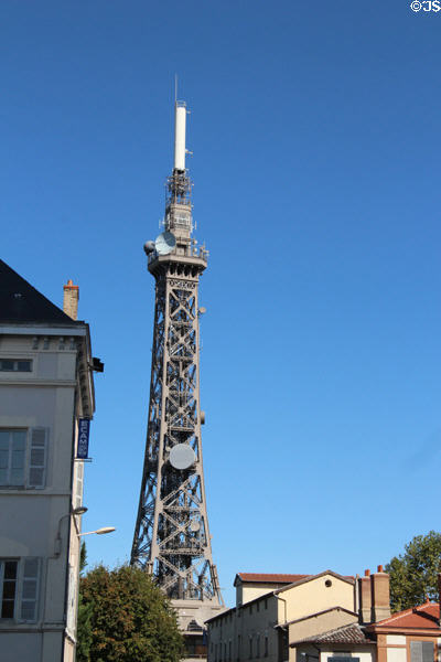 Metallic tower of Fourvière Hill (1892-4) copied Eiffel Tower when started as observation platform, but now is strictly communications tower. Lyon, France.