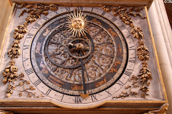 Astronomical clock face giving time, date, position of sun, moon & stars in St John's Cathedral. Lyon, France.