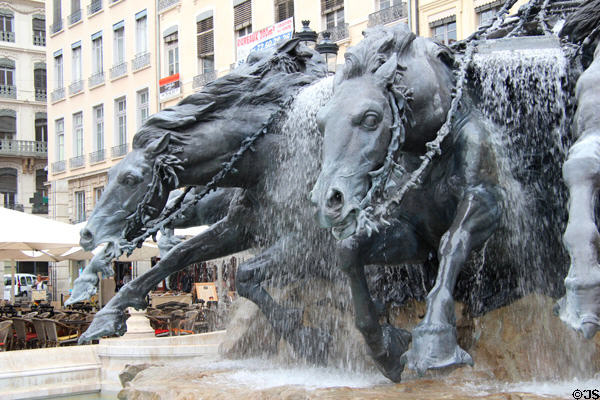 River horses emerging from symbolic river of France on Bartholdi fountain at Place des Terreaux. Lyon, France.