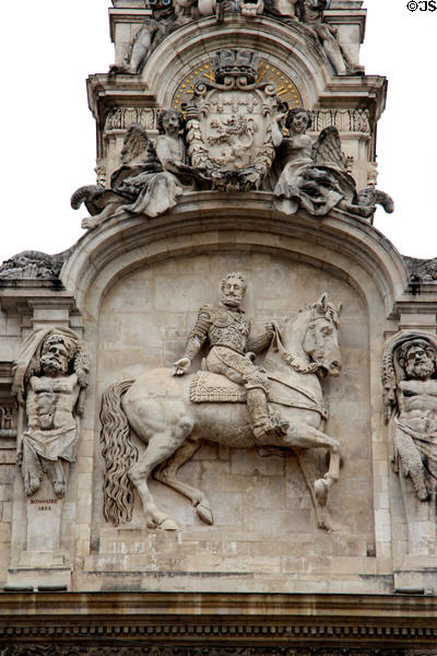 Half-relief of Henry IV of France on horseback which replaced of original Louis XIV after French Revolution & Restoration on Lyon City Hall (Hôtel de Ville) at Place des Terreaux. Lyon, France.