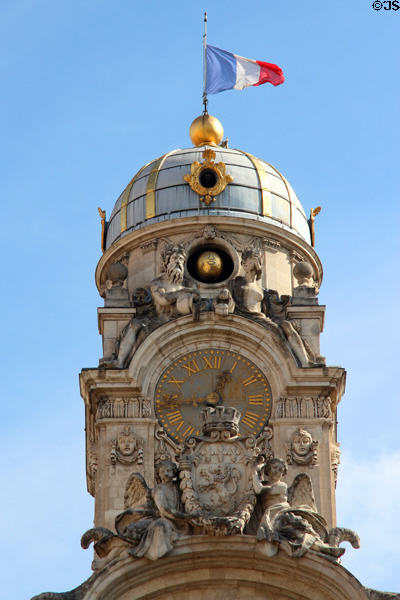 Clock tower atop Lyon City Hall (Hôtel de Ville) at Place des Terreaux. Lyon, France.