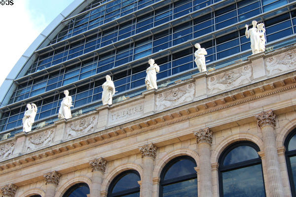 Facade detail of Opéra Nouvel theater (1831 modernized 1993) opposite rear facade of Lyon City Hall. Lyon, France.