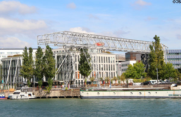 Gantry crane & 40 Quai Rambaud on Saône River. Lyon, France.