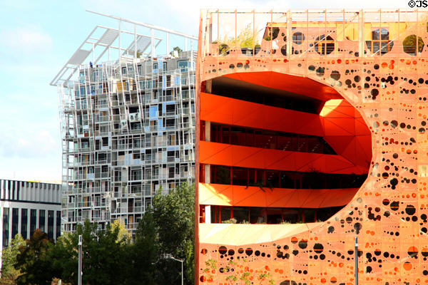 Ycone housing tower (2018) & Les Salins offices (2011) in orange. Lyon, France.