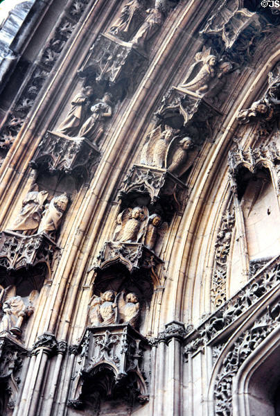Gothic carvings over Vienne St Maurice Cathedral (12th-16thC). Vienne, France.