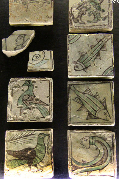 Surviving ceramic floor tiles with bird & fish paintings at Papal Palace. Avignon, France.