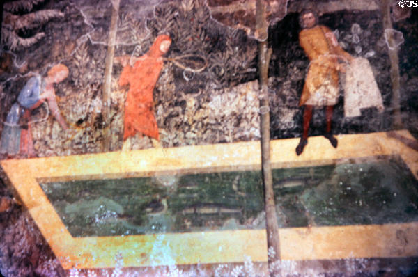 Frescoed fish pond scene by Simone Martini in papal apartments at Papal Palace. Avignon, France.