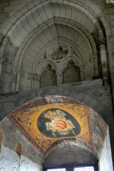 Gothic stonework & fresco of Pius V in Southern Sacristy at Papal Palace. Avignon, France.