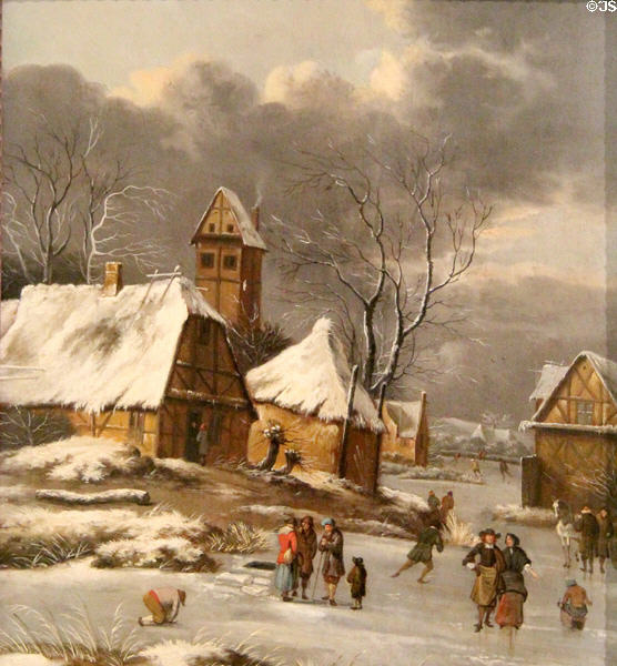 Winter countryside with village, frozen canal & figures painting (1600s) by Thomas Heeremans of Haarlem at Calvet Museum. Avignon, France.