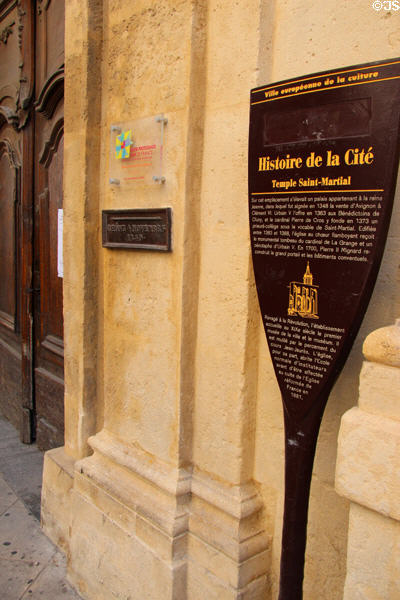 Plaque (left) marking high water mark of Rhone River in 1840 on Temple Saint-Martial. Avignon, France.