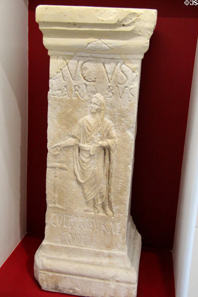 Altar (1stC CE) to Lares Augusti, protectors of Roman Emperor's roads from Nimes at Musée de la Romanité. Nimes, France.