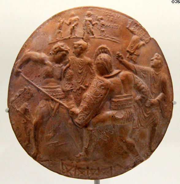 Roman medallion with gladiators (2nd-mid 3rd C) from Cavillargues (Gard) at Musée de la Romanité. Nimes, France.