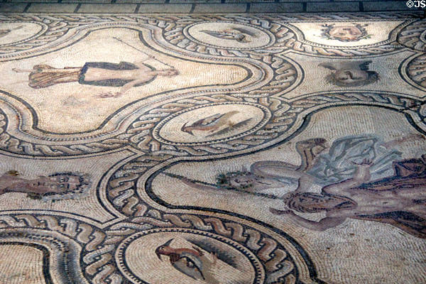 Detail of Roman mosaic floor with legend of King Pentheus after play by Euripides (2ndC) from Nimes house on ave. Jean-Jaurès at Musée de la Romanité. Nimes, France.