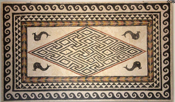 Roman mosaic floor with dolphins & patterns (c1st-2ndC) from Nimes at Musée de la Romanité. Nimes, France.