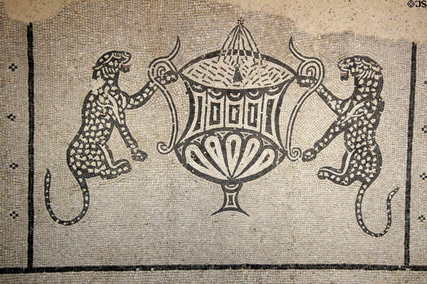 Roman mosaic floor with leopards beside fountain (c1st-2ndC) from Nimes at Musée de la Romanité. Nimes, France.
